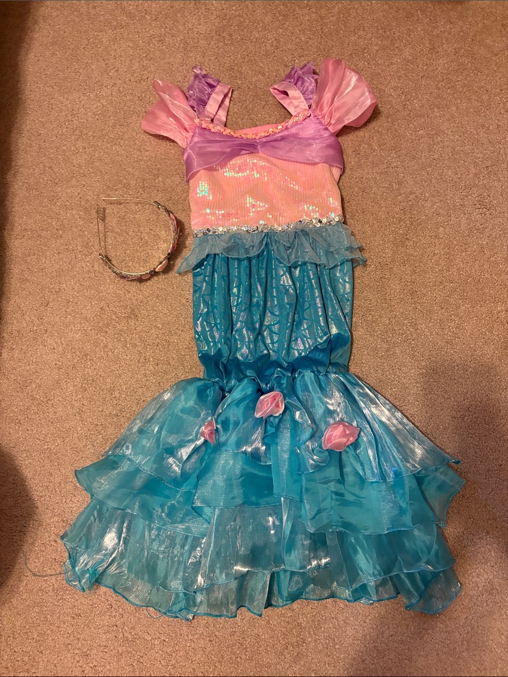 Girls Pink and Teal Mermaid Costume Dress with Crown